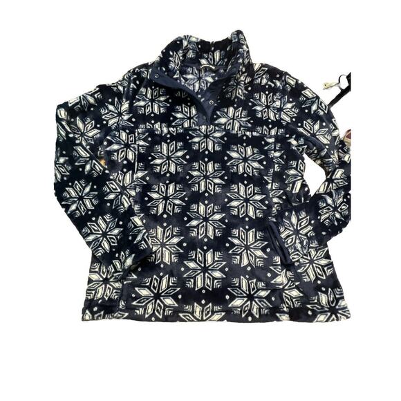 Lands End Women's Snap Fleece Pullover Medium Snowflake Print Thick Blue - Picture 9 of 9